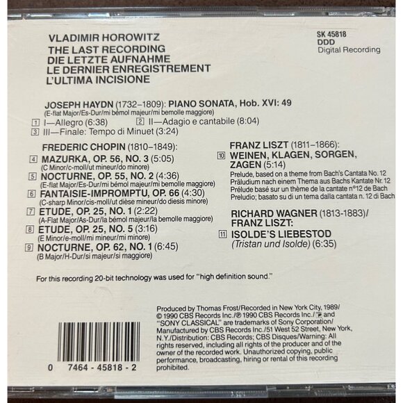 Vladimir Horowitz "The Last Recording" CD - Classical Chopin Haydn Liszt Wagner - Picture 8 of 10